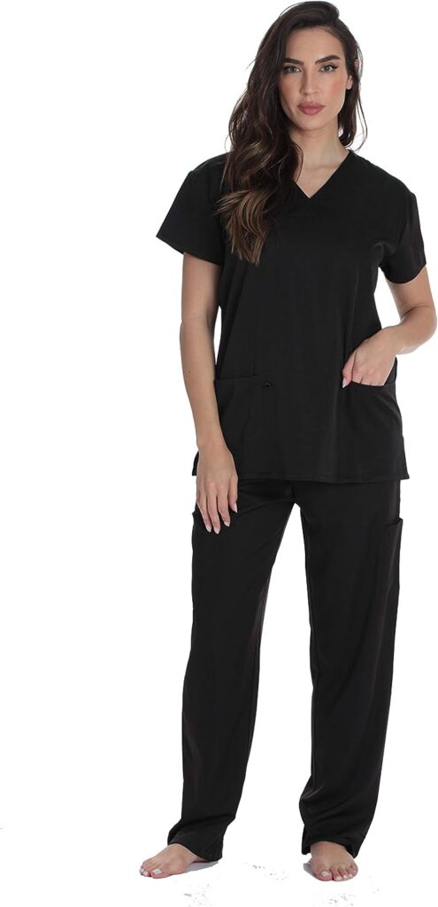 Just Love Solid Stretch Scrub Set for Women Stretchy Mock Wrap Top and Cargo Pants