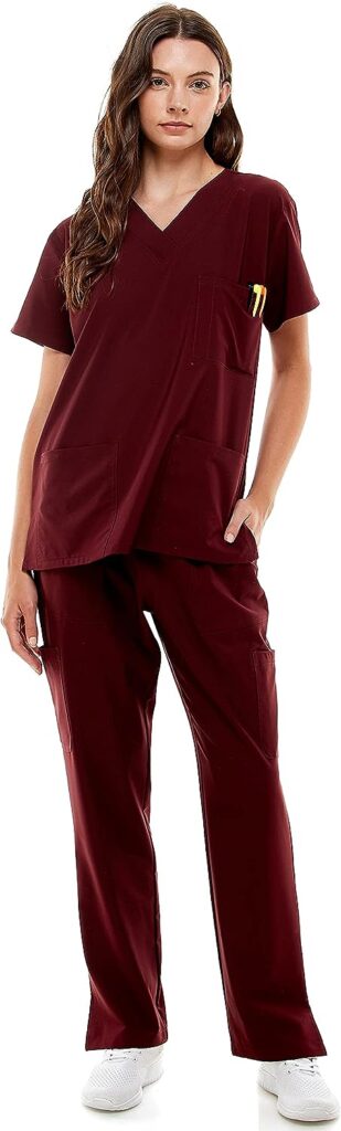 MEDPIA Womens Medical Uniform Set – 4 Way Stretch Lightweight 8 Pockets V-Neck Top Drawstring Elastic Waist Pants Nursing Merlot XS