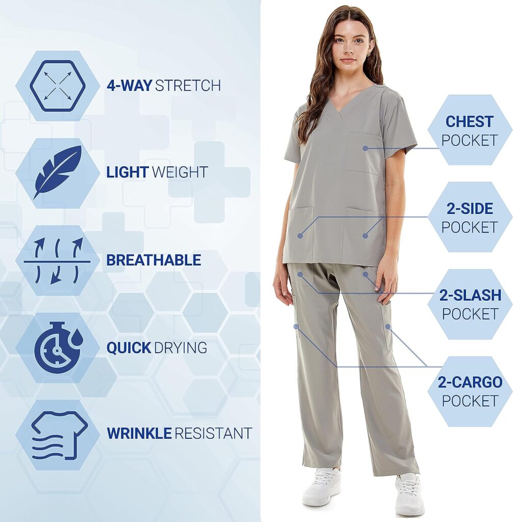 MEDPIA Womens Medical Uniform Set – 4 Way Stretch Lightweight 8 Pockets V-Neck Top Drawstring Elastic Waist Pants Nursing Merlot XS