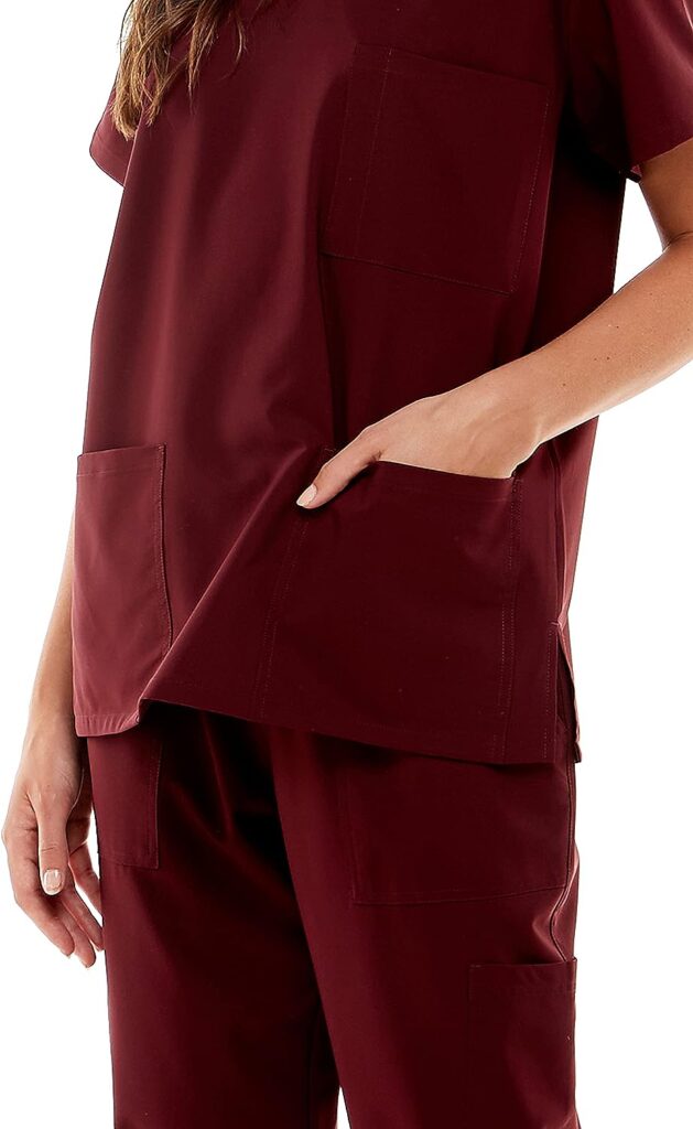 MEDPIA Womens Medical Uniform Set – 4 Way Stretch Lightweight 8 Pockets V-Neck Top Drawstring Elastic Waist Pants Nursing Merlot XS