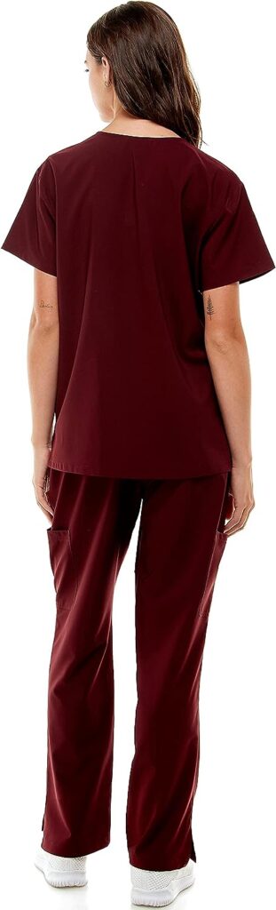 MEDPIA Womens Medical Uniform Set – 4 Way Stretch Lightweight 8 Pockets V-Neck Top Drawstring Elastic Waist Pants Nursing Merlot XS