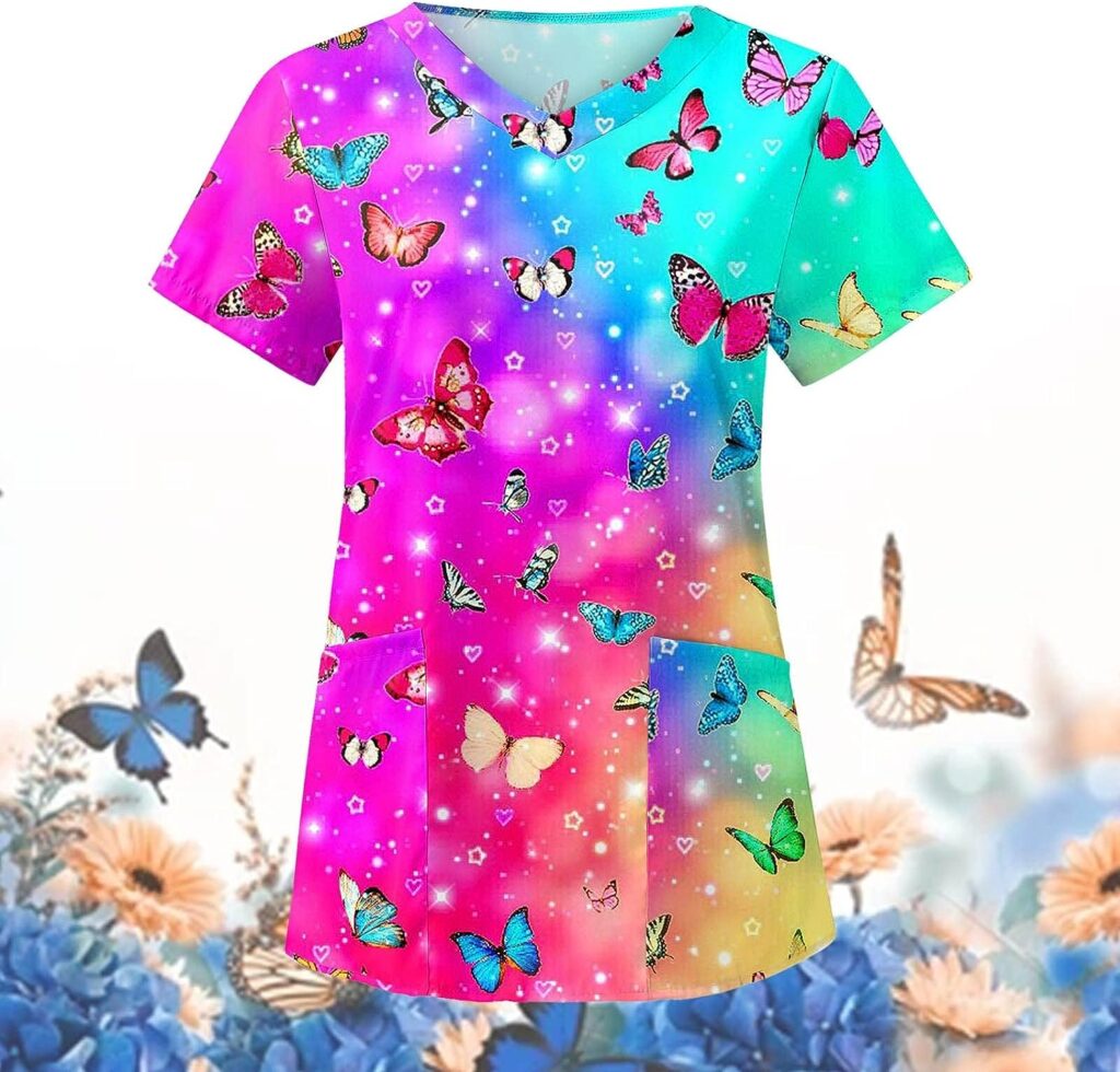 Scrub Tops for Women Summer Butterfly Print Short Sleeve Medical Scrub Shirts with Pocket Stretchy V Neck Holiday Workwear