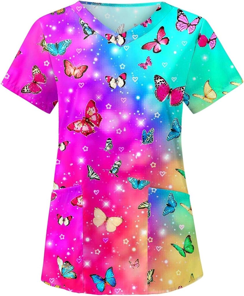 Scrub Tops for Women Summer Butterfly Print Short Sleeve Medical Scrub Shirts with Pocket Stretchy V Neck Holiday Workwear