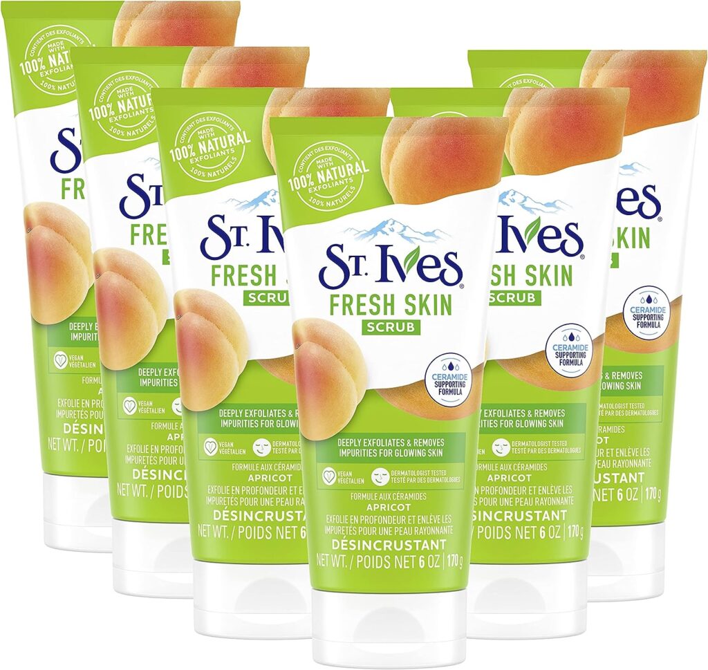 St. Ives Fresh Skin Face Scrub Deeply Exfoliates for Smooth, Glowing Skin Apricot Dermatologist Tested, Made with 100% Natural Exfoliants, 6 Ounce (Pack of 6)