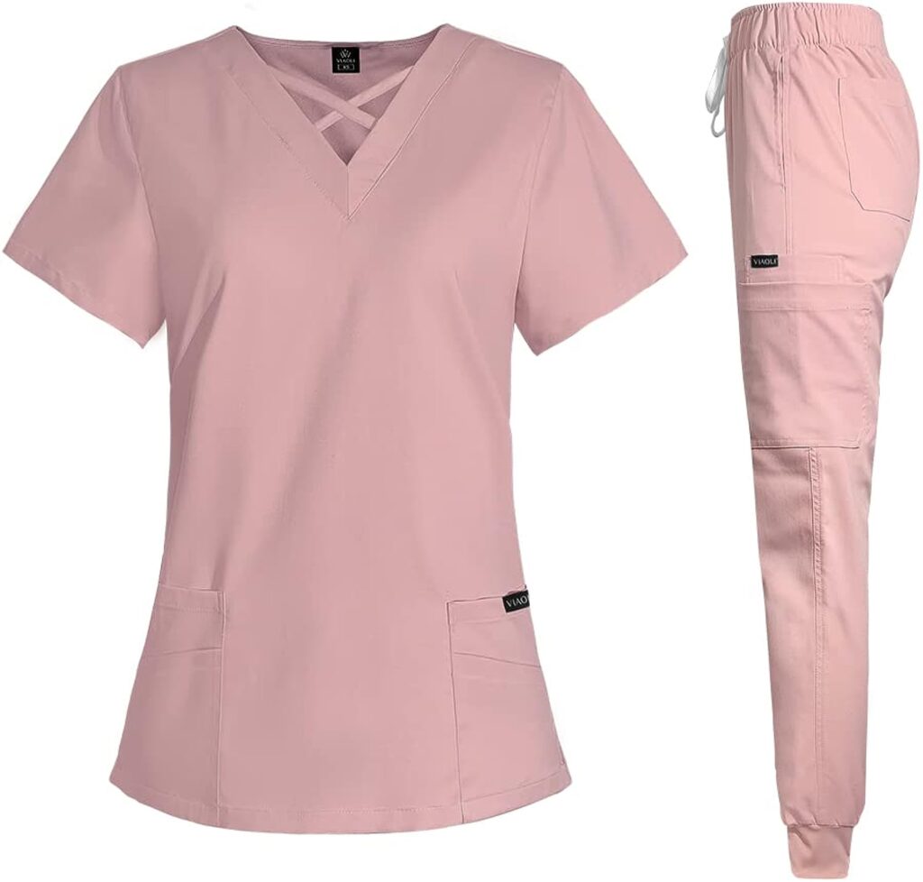 VIAOLI Scrubs for Women Set Modern V-Neck Top  8 Pocket Jogger Pants Athletic Nursing Uniform Solid Stretch Workwear