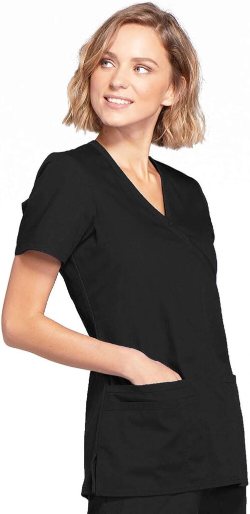 Womens Mock Wrap Top Workwear Originals with Rib-Knit Back Panels WW650